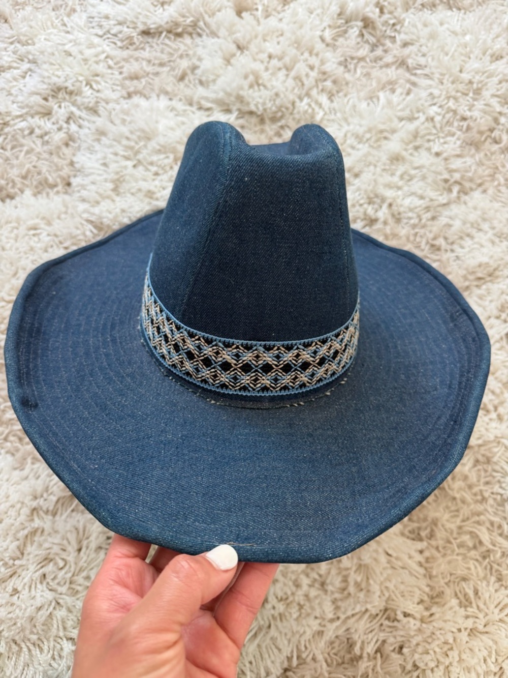 Denim Blue Embroidered Trim Western Hat - Women Accessories